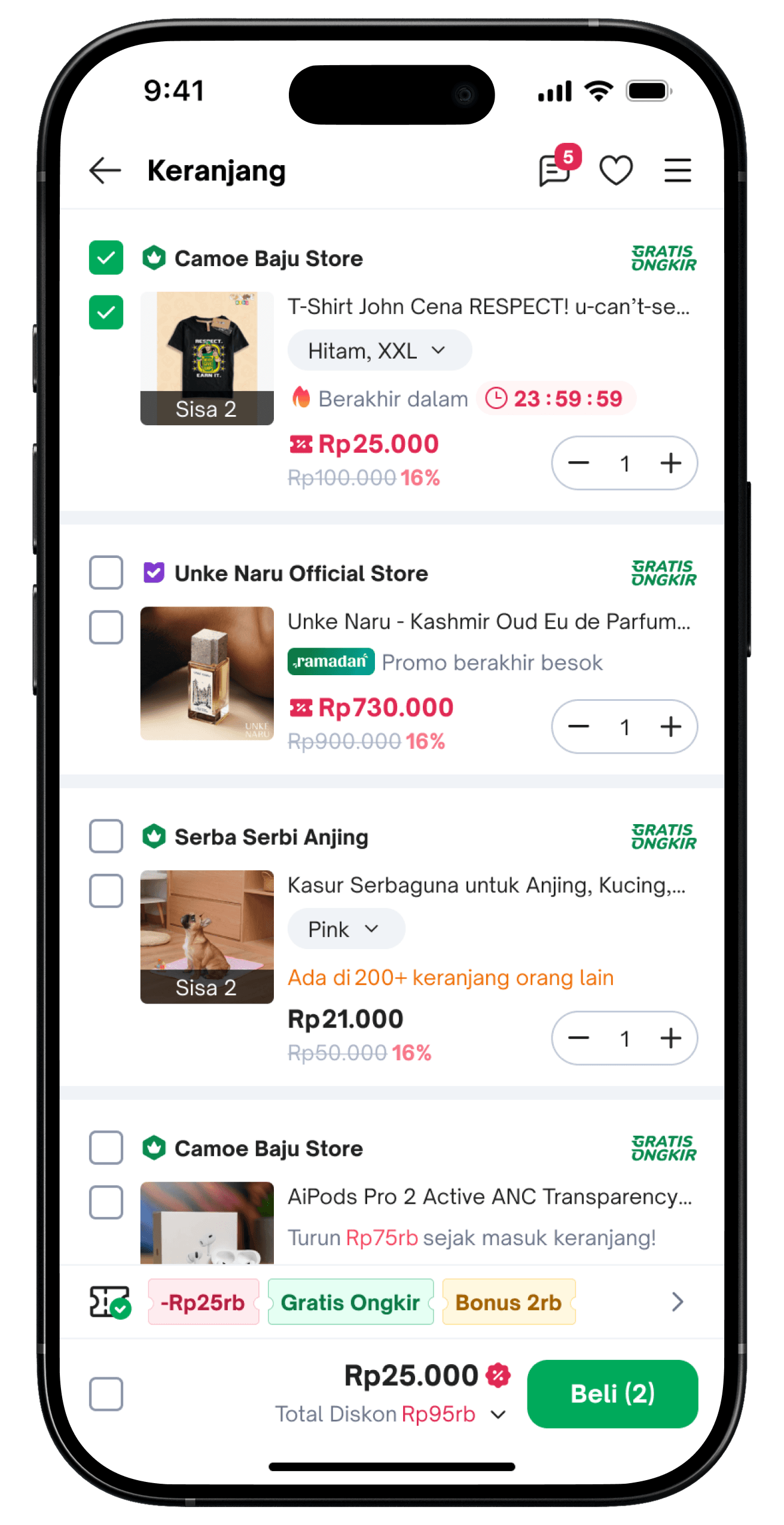 Cart after redesign — denser rows, promo pills, sticky buy bar