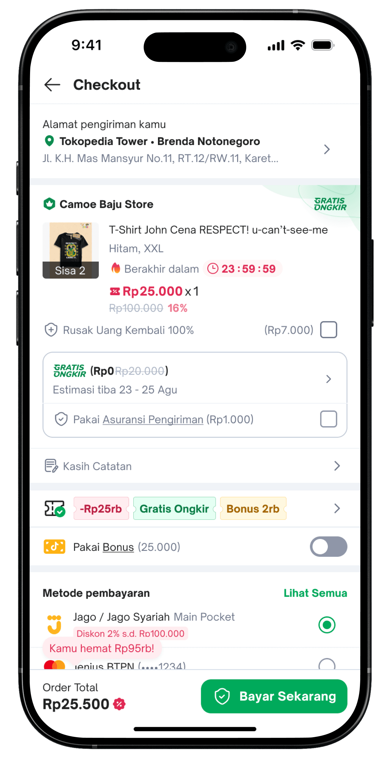 Checkout with promo pills, payment savings, and pay CTA