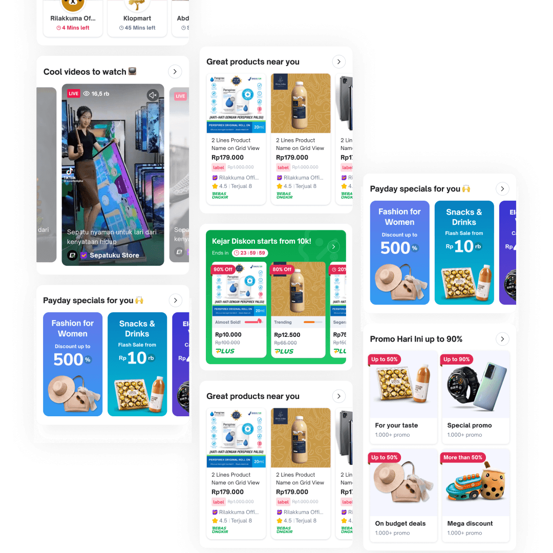 Redesigned below-the-fold Home widgets: flash sale, video, nearby products, payday, and daily promo