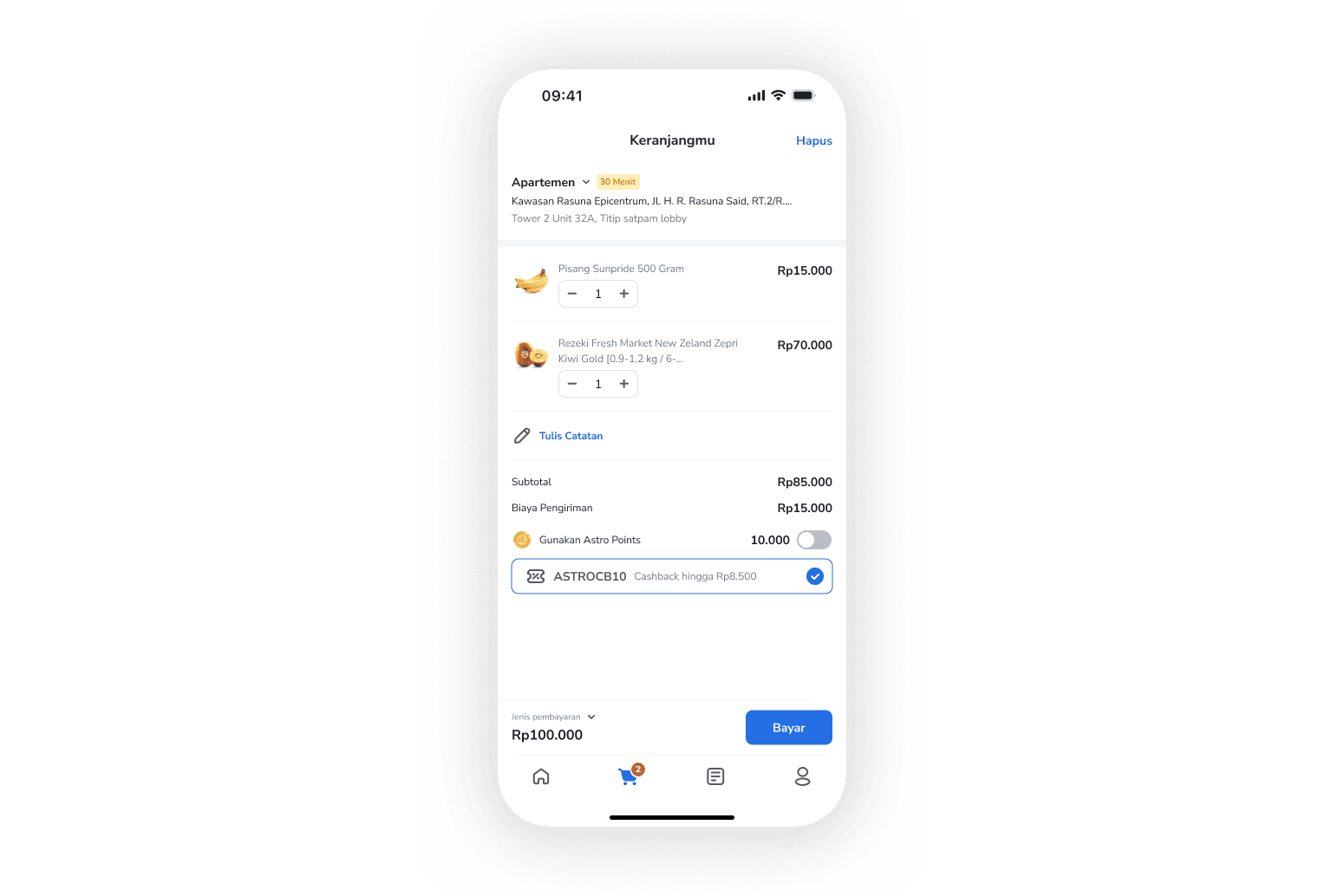 ASTRO cart: address with ETA badge, line items, points, promo, pay