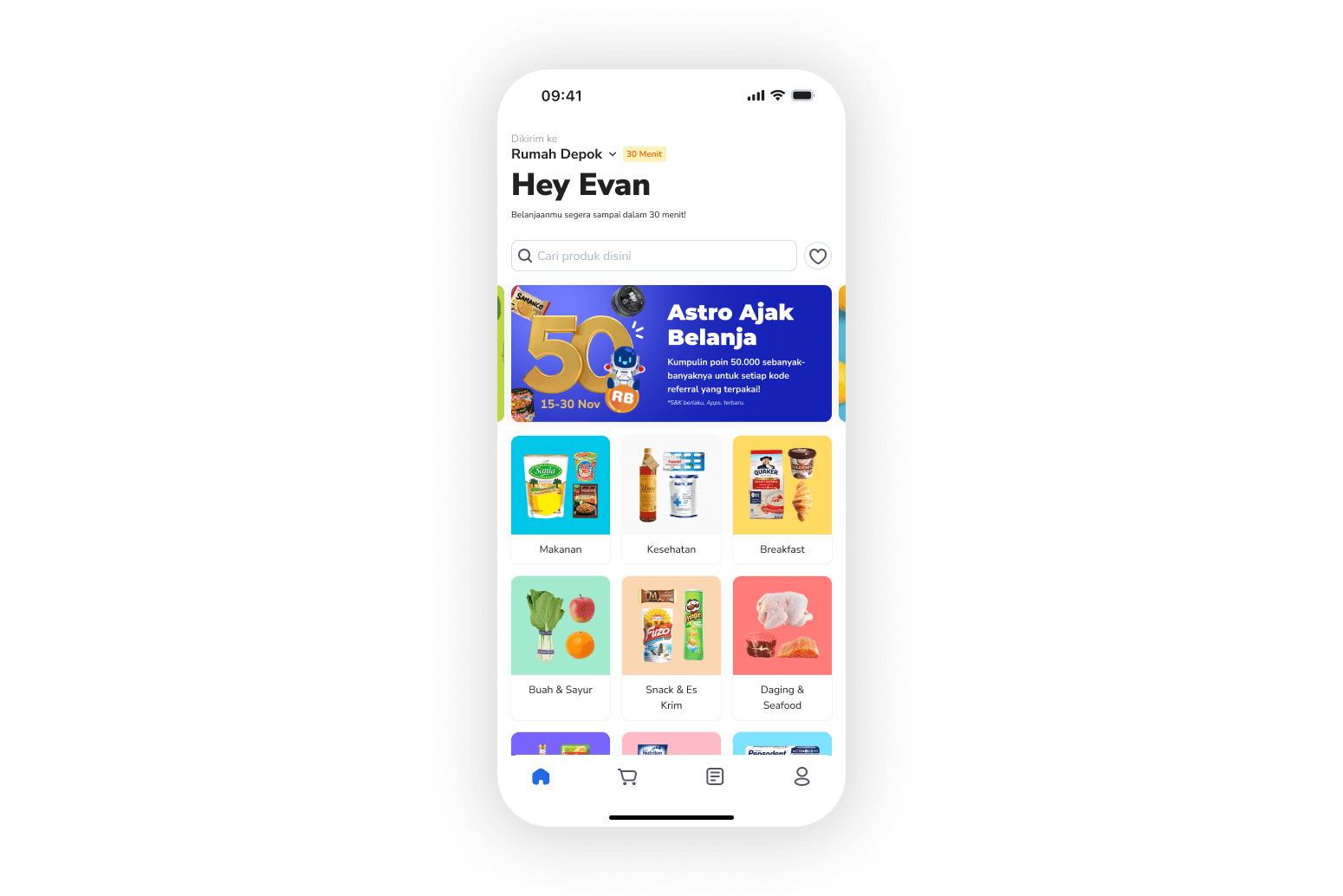 ASTRO Home: delivery destination with ETA badge, greeting, campaign banner, categories