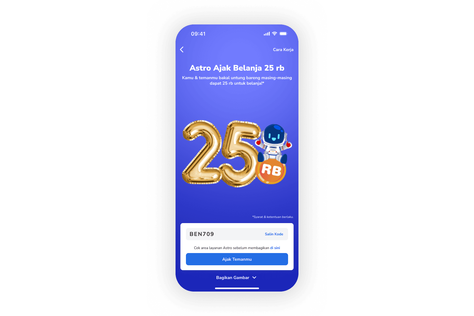 ASTRO referral: 25rb offer, mascot, copyable code, invite CTA